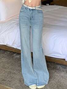 DAZY 洗水做旧弹力喇叭牛仔裤，适合所有季节 - 中等水洗藍 - 查看 4