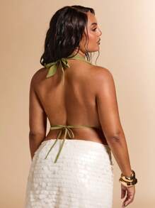SHEIN BAE Plus Size Women Green Beaded Embroidered Halter Neck Sleeveless Top, Summer Vacation Beach - Green - View 6