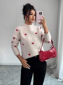 Franclia Women's Solid Color Heart Jacquard Knit Pullover Sweater