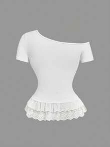 SHEIN MOD 1 件女式纯色水钻不对称肩部荷叶边下摆休闲上衣 - 白色 - 查看 2