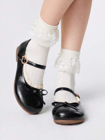 Kawaii Women's Black Mary Jane Shoes, Closed Toe Loafers, Bow And Lace Lolita Ballet Flats