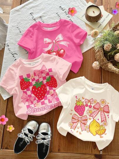 SHEIN 3pcs/Set Cute Pink Cream White, Cream Pink, Rose Pink Fruit Print With Bow Tie Cherry Lemon Strawberry, Young Girl Casual Minimalist Round Neck Short Sleeve T-Shirt, Suitable For Spring/Summer, Daily, Home, Vacation, Outing, Back To School, Picnic, Vacay Vibes, Chill