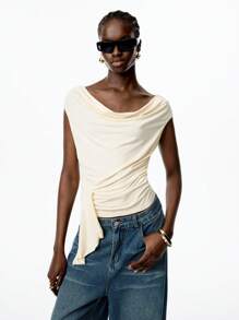 LYSMO 2025 New Arrival Light Yellow Women's Backless Tie Back Ruched Center Drape Neck Solid Color Waist-Fitted Cropped Top, Youthful And Casual, Perfect For Fresh Outfits