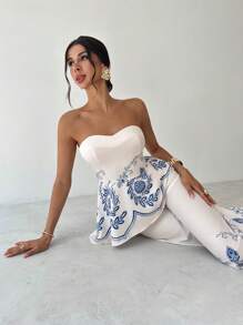 Firerie 女士优雅花卉印花短款上衣和高腰阔腿裤两件套，夏季休闲度假装 - 彩色 - 查看 8