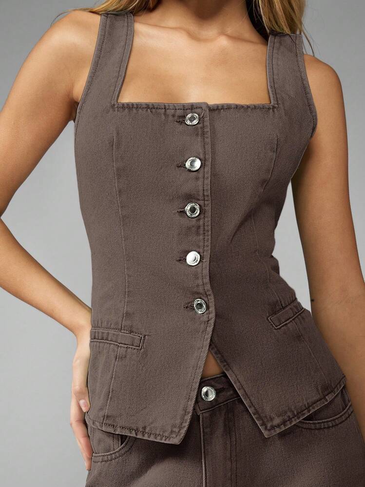 MISSGUIDED Buttoned Square Neck Fitted Denim Vest Top Autumn Spring Transitional Tailored Sleeveless Corset Style Contemporary Western - Brown - View 3