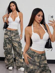 Rina Fox 女士纯色性感扭纹露背背心