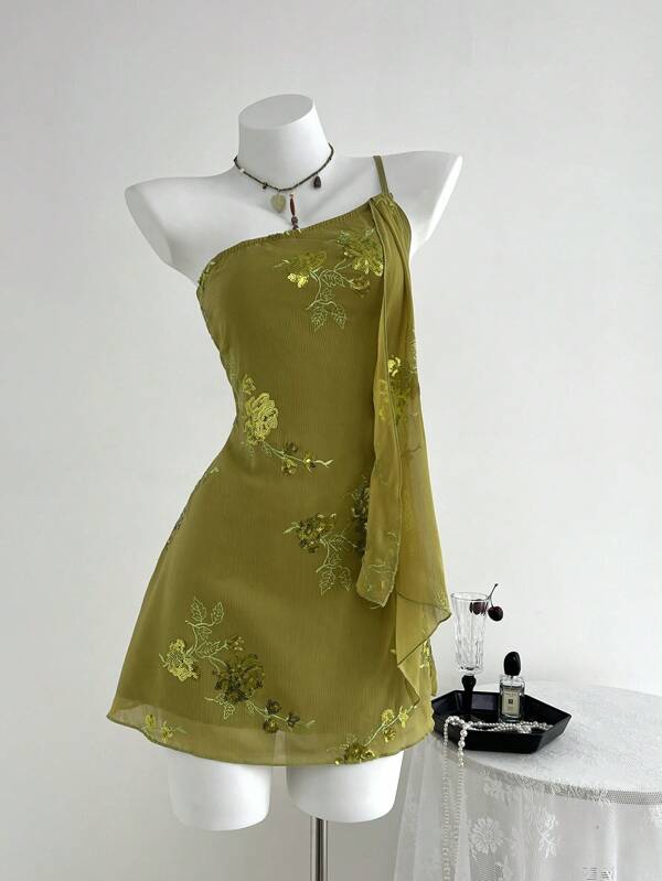Elamini Women's Vintage Romantic Summer New Chinese Style Embroidery Beaded One Shoulder Ruffled Mini Dress