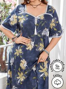 Lacomfia Vestido holgado de estilo árabe de media manga con escote de corazón y estampado floral para mujer de talla grande