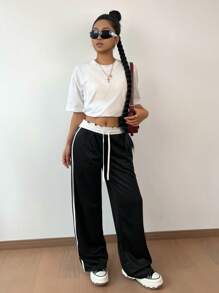 SHEIN 青少年女孩下装撞色腰带拼接抽绳腰部宽松阔腿复古运动休闲校园运动裤女孩运动裤