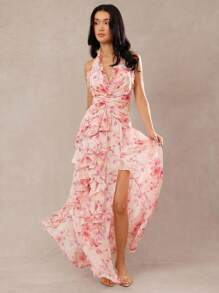 L'Amorae 女式节日花卉印花荷叶边下摆无袖侧开衩连衣裙