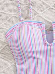 Summer Beach Resort Rainbow Striped Print U-Neck One-Piece Swimsuit For Women - Pink - View 6