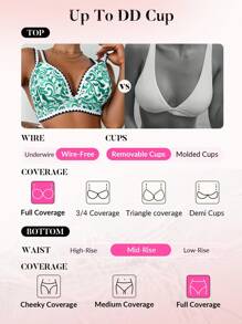 Swim DD+ Women's Summer Beach Floral Print Sexy DD+ Wireless Triangle Cup Bikini Set