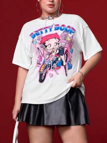 Betty Boop x SHEIN Summer Outfits Cute Rave Concert Vacation Beach Casual Boho Sexy Elegant Retro Gyaru Y2K Cool White Plus Size Casual Cartoon Portrait Motorcycle Heart Pattern Drop Shoulder Short Sleeve Loose T-Shirt,