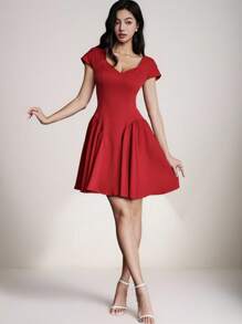 Modelyn Vestido corto casual de mujer con cuello en V y mangas raglán rojas, vestido de graduación de verano - Burdeos - Ver 2