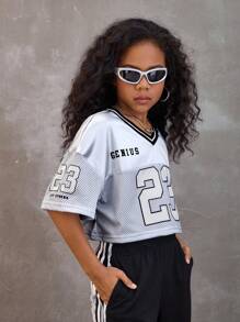 Coolane Kids Tween Girls Summer /Fall  Streetwear Sparkly Breathable Mesh Number Pattern Green V-Neck Short Jersey Tees,Back To School ,Y2K,Jersey T-Shirt - Silver - View 3