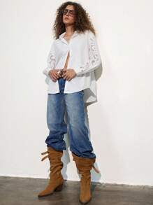 Aveloria Affinna White Minimalist Design Flared Sleeve Lace Patchwork Sheer Vintage High Collar Casual Versatile Long Sleeve Blouse For Women - White - View 4