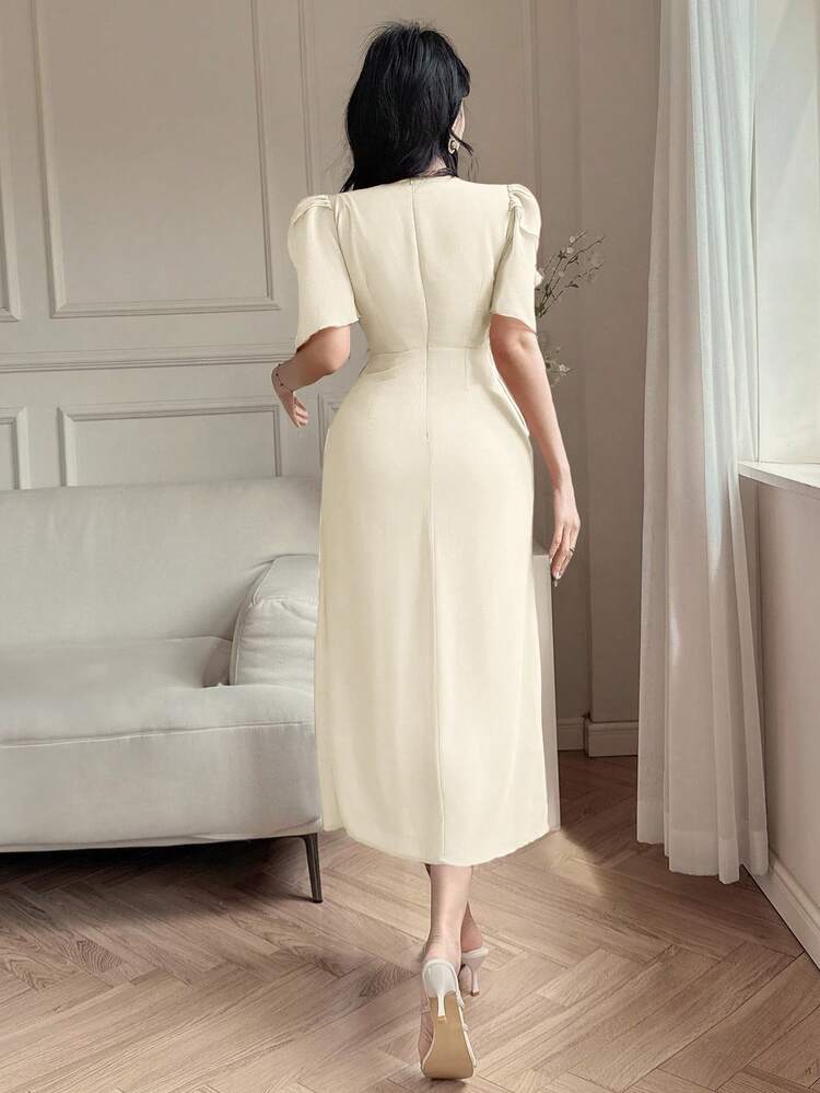 Elegant Solid Color V-Neck Pleated Ruffle Sleeve Mid-Long Dress For Women Summer Women Dresses Sundress