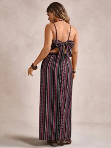 Freevana Plus Size Vacation Camisole & Elastic Waist High Slit Skirt 2pcs Set,Holiday Outfits Boho