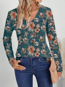 EMERY ROSE Áo thun nữ dài tay cổ chữ V in hoa, phong cách nghỉ dưỡng - Nhiều màu - Xem 2