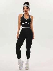 Easithlete Women's Backless Racerback Jumpsuit Workout Pants - Black - View 2