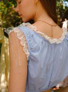 WESTFADE 100% 纯棉花卉蕾丝圆领蝴蝶结前褶边无袖短款夏季上衣 - 淺藍色 - 查看 2