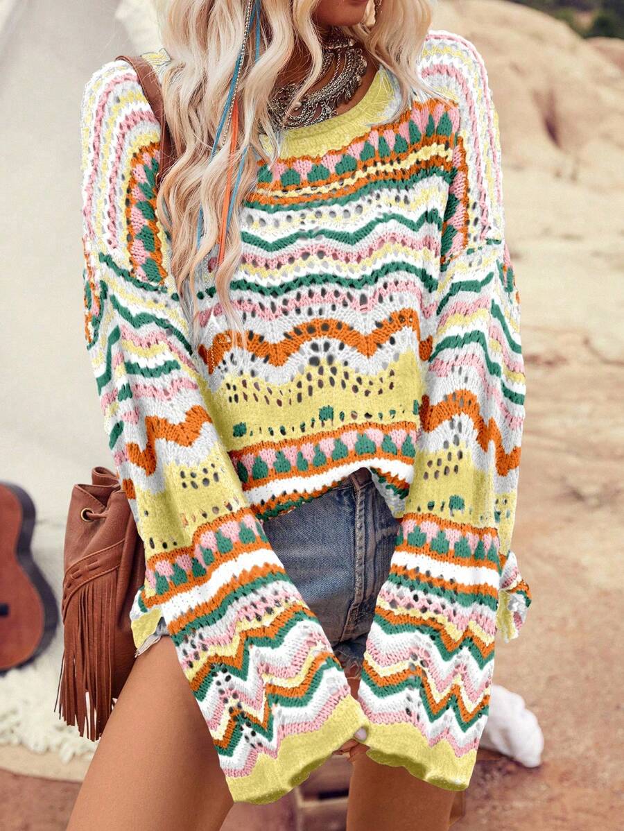 LanaWest Women's Wavy Striped Hollow Out Dropped Shoulder Long Sleeve Casual Sweater Knit Pullover Fall Winter - Multicolor - View 1