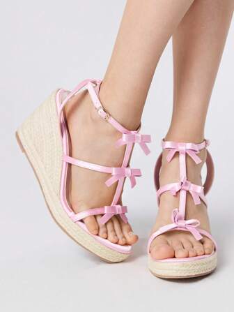 Kawaii Women's Pink Woven Platform Sandals With Bow Decor, Thick Sole Open Toe Roman Style