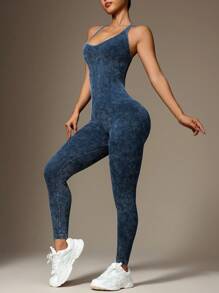 Easithlete Women's Acid Wash Criss-Cross Back Sports Jumpsuit - Blue - View 5