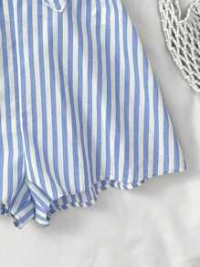 SHEIN Teen Girls Vintage Fashion Holiday Strapless Bow Decor Twist Knot Backless Blue And White Striped Textured Fabric Casual Romper, Summer Clothes, Beach Vacation Outfits, Rave Outfit, Vacation Outfits/ Girls Summer Romper/ Striped Romper Girls Blue And White Romper/ Baby Girl Summer Romper/ Strapless Romper - Blue and White - View 6