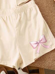 SHEIN Vintage Cute Bow Print, Pink Bow Design, Tween Girl Casual Minimalist Short Sleeve Shorts 2pcs Set, Suitable For Summer