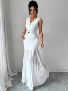 Elenzga Completo elegante e alla moda da donna composto da una blusa senza maniche con scollo a V, vita stretta e balza con orlo in rete, abbinata a una gonna minimalista vintage