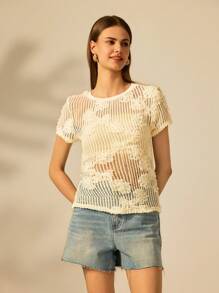 CAJUNI Women White Knit Hollow Floral Textured Fitted Short Sleeve Crew Neck Tee, Versatile Summer Holiday Casual Top