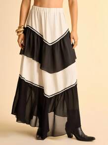 CAJUNI Women's Boho Style Summer Vacation Beach Casual Tropical Color Block Long Skirt, Layered Contrast Color Trim Skirt