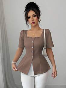 Lyxana Áo cánh chữ A tay ngắn thanh lịch, trang trọng, cổ vuông, viền bèo nhún, màu trơn dành cho nữ mặc đi nghỉ và đi làm - màu nâu - Xem 5