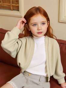 SHEIN 年轻女孩年轻女孩女孩简约设计纯色纹理面料夹克，适合日常通勤和休闲穿着 - 卡其色 - 查看 1