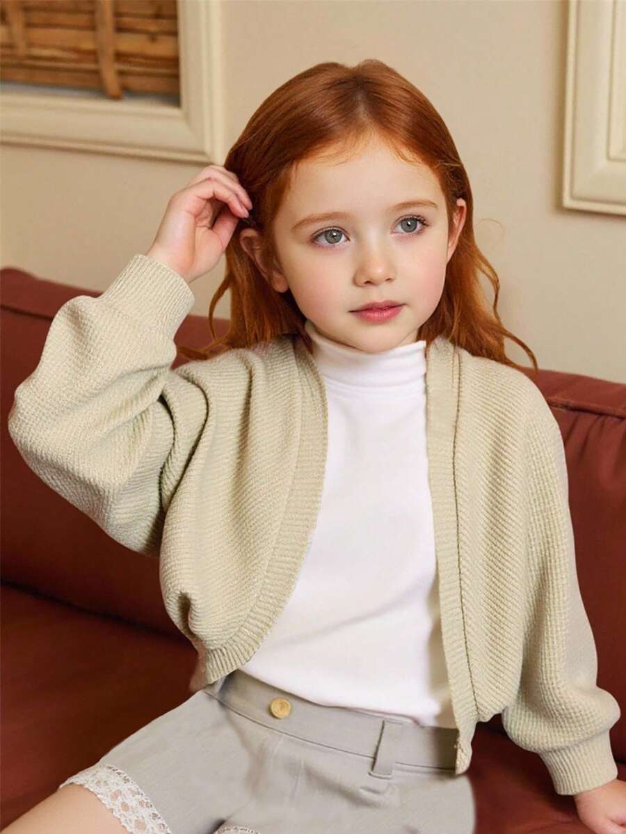 SHEIN 年轻女孩年轻女孩女孩简约设计纯色纹理面料夹克，适合日常通勤和休闲穿着 - 卡其色 - 查看 1