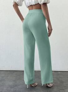 SHEIN PETITE Pantalones de pierna ancha de aspecto de lino de color beige sólido de cintura alta con cordón
