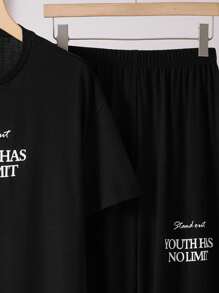 SHEIN 2 件青少年女孩简约字母图案圆领短袖 T 恤和裤子针织休闲睡衣套装女士睡衣套装女士休闲套装女士家居服套装女士两件套女士睡衣套装 - 黑色 - 查看 6