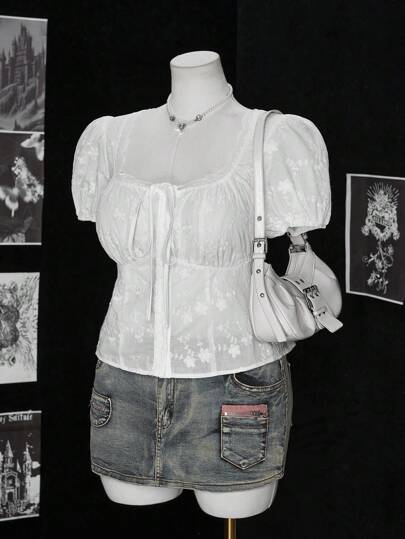  Sweetra 女士加大码纯色复古法式浪漫度假学院风白色泡泡袖刺绣面料蕾丝边修身衬衫，适合春夏季返校和日常外出