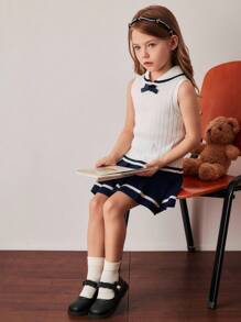 PrepCrw 少女学院风海军领针织毛衣背心 - 藍白色 - 查看 7