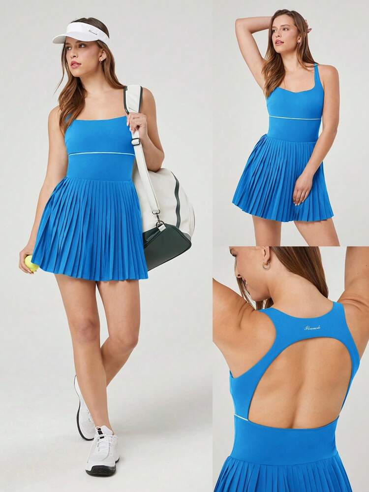 FeatherFit™-Air Quick-Dry Tennis Built-In Cups Pleated Active Cutout Back High Waist Peekaboo Dress Medium Impact With Built-In Shorts Side Pockets Low Impact Running Training Workout Gym