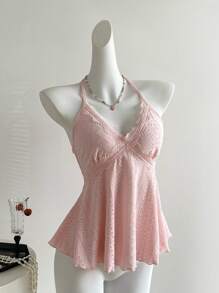 Sweetra 女士红色格子蕾丝拼接甜美度假细肩带吊带背心，适合海滩、春夏季 - 粉色 - 查看 4