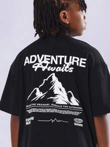 SUMWON Adventure Awaits Mountain Graphic Oversized T-Shirt Outdoor Explorer Youth Hiking Camping Summer Casual Weekend Wear