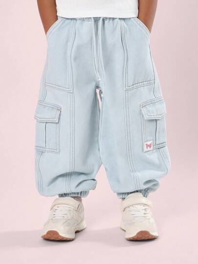 SUMWON 儿童工装牛仔慢跑裤，带侧袋，弹性踝裤，休闲日常玩耍裤