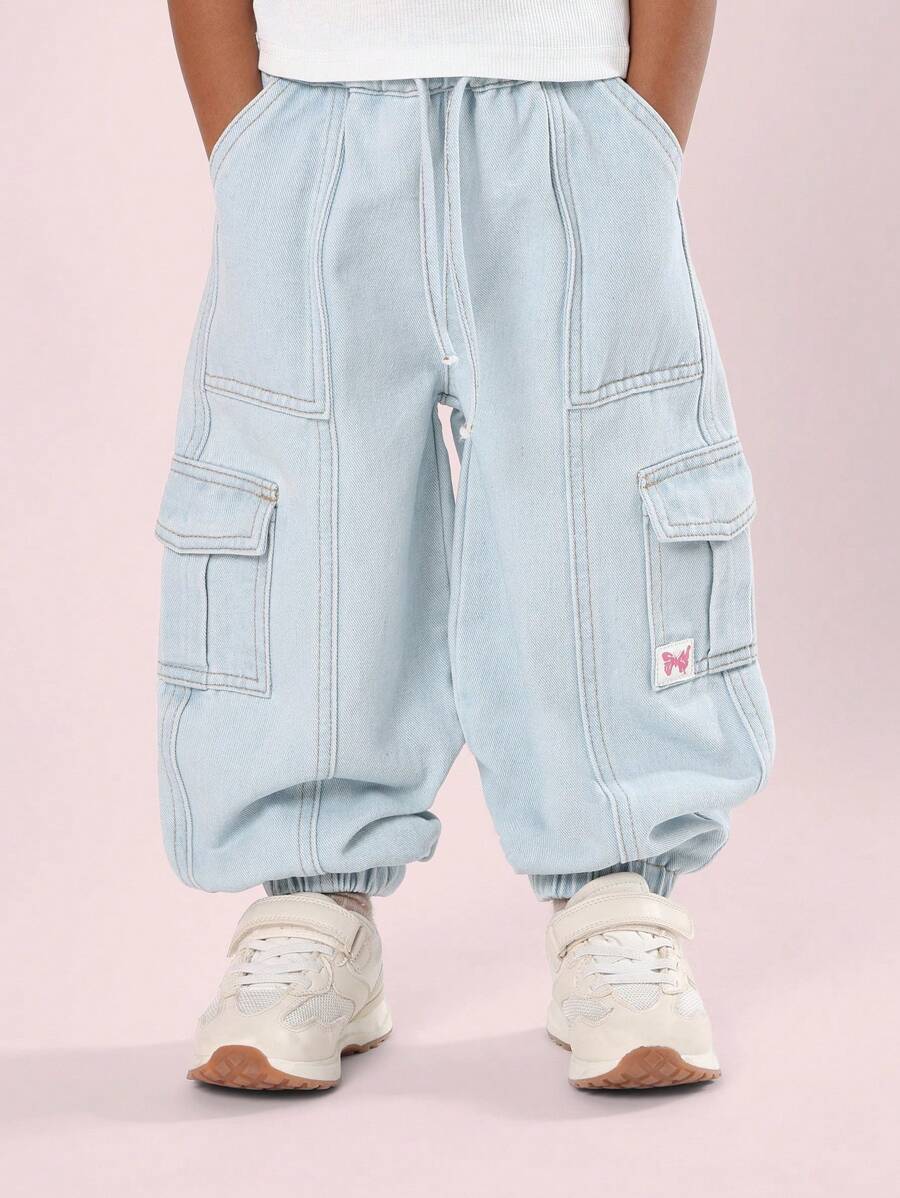 SUMWON 儿童工装牛仔慢跑裤，带侧袋，弹性踝裤，休闲日常玩耍裤 - 淺藍色 - 查看 1