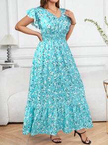 SHEIN Clasi Vestido largo con estampado de flores diminutas para tallas grandes, estilo casual de vacaciones - Azul menta - Ver 3