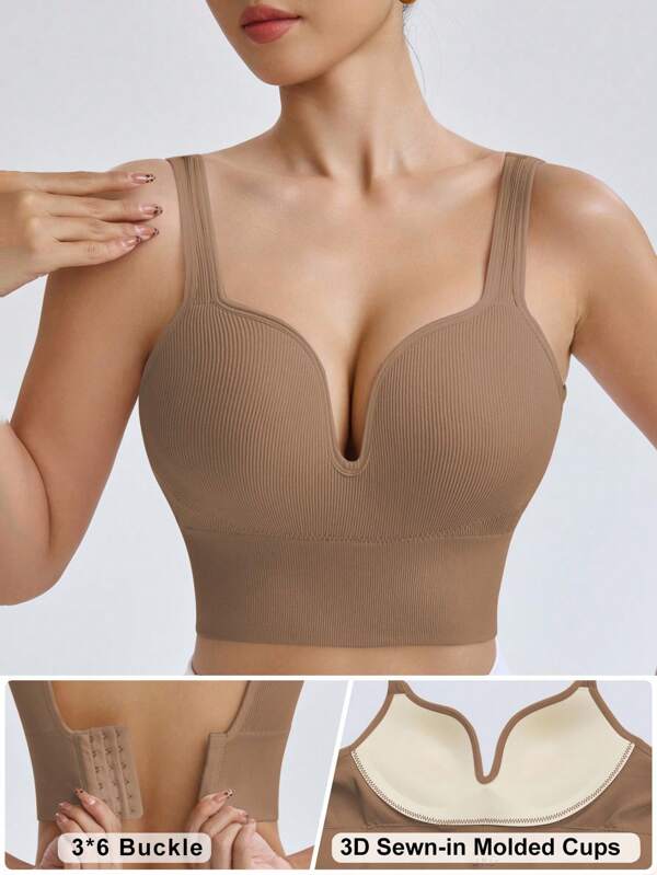 Gameset SHEIN Sport Women Solid Color Seamless High Intensity Fixed Cup Sports Racerback Bra,Sports Bras Without Removable Pads ,Sports Bra With Sewn-In Pads, High Impact Support With Non-Removable Pads Molded Cups,For Women High Support Racerback,Workout, Yoga,  Running Seamless Bra Compression Bra Tan Sports Bra Posture Corrector Bra