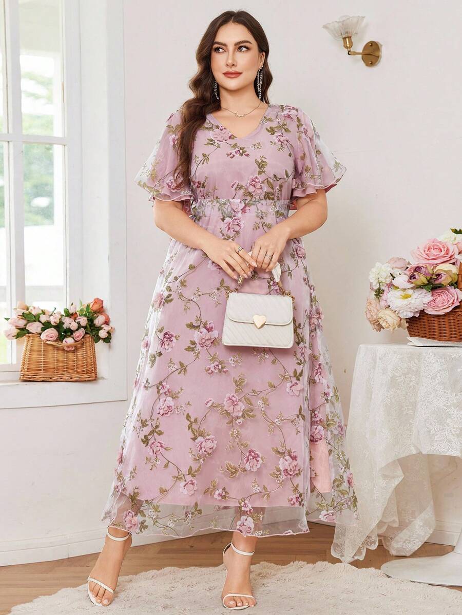 Modelyn 大码女式优雅3D刺绣装饰细节派对礼服，大码正式鸡尾酒会礼服 - 粉色 - 查看 1