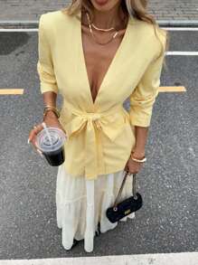 Siren Gaze 亚麻混纺无领长袖轻便西装外套，黄色 - 黃色 - 查看 4