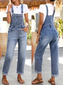 EMERY ROSE Peto de mezclilla desgastado de ocio para mujer - Azul lavado medio - Ver 3